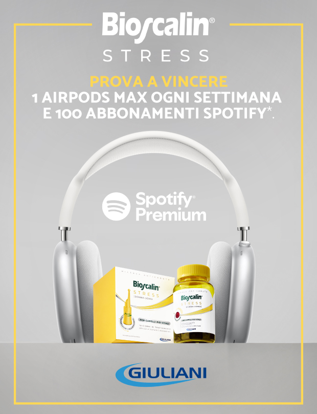 Immagine smartphone: Bioscalin stress, acquista 1 integratore bioscalin stress in gummies oppure 1 bioscalin stress fiale e prova a vincere 1 AirPods max ogni settimana e 100 abbonamenti Spotify. In più, se acquisti entrambi in un unico scontrino hai due possibilità di vincere.