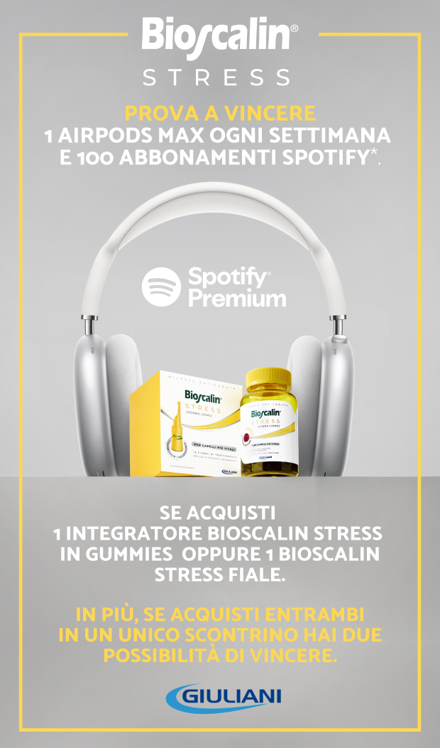 Immagine smartphone: Bioscalin stress, acquista 1 integratore bioscalin stress in gummies oppure 1 bioscalin stress fiale e prova a vincere 1 AirPods max ogni settimana e 100 abbonamenti Spotify. In più, se acquisti entrambi in un unico scontrino hai due possibilità di vincere.